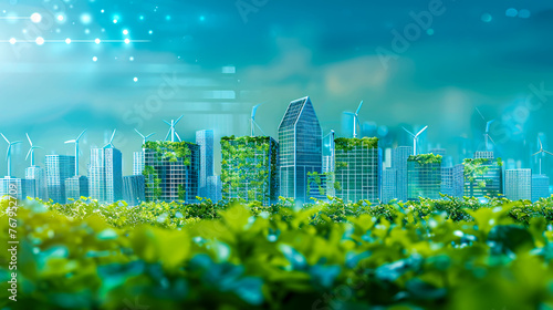 Urban Skyline and Modern Architecture, Cityscape View with Digital Network Concept, Futuristic