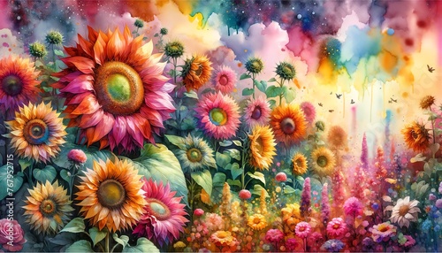 Vibrant Watercolor Painting of Mammoth Russian Sunflowers