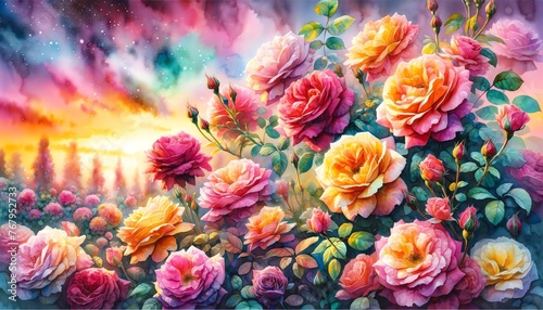 Vibrant Watercolor Painting of Multicolors Rose Flowers