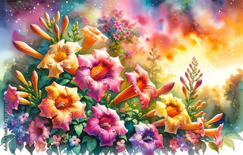 Vibrant Watercolor Painting of Trumpet Vine Flowers