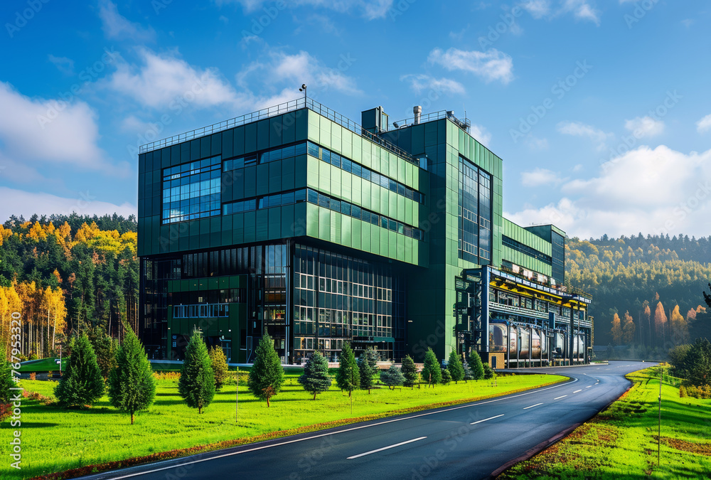 Modern green office building in the forest
