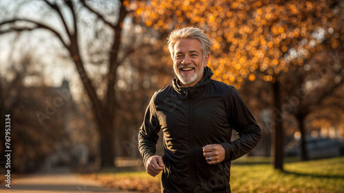 A Joyful Mature Caucasian Man with Grey Hair Smiling While Running on a Tree-Lined Path in Autumn