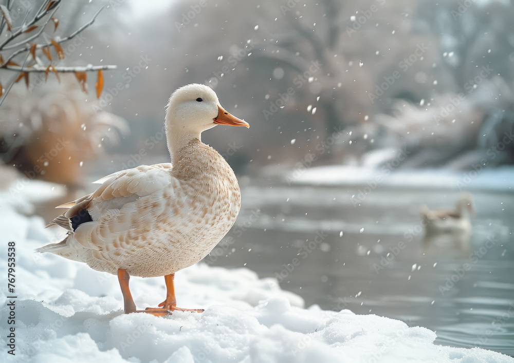 White duck stands on the snow by the river in winter