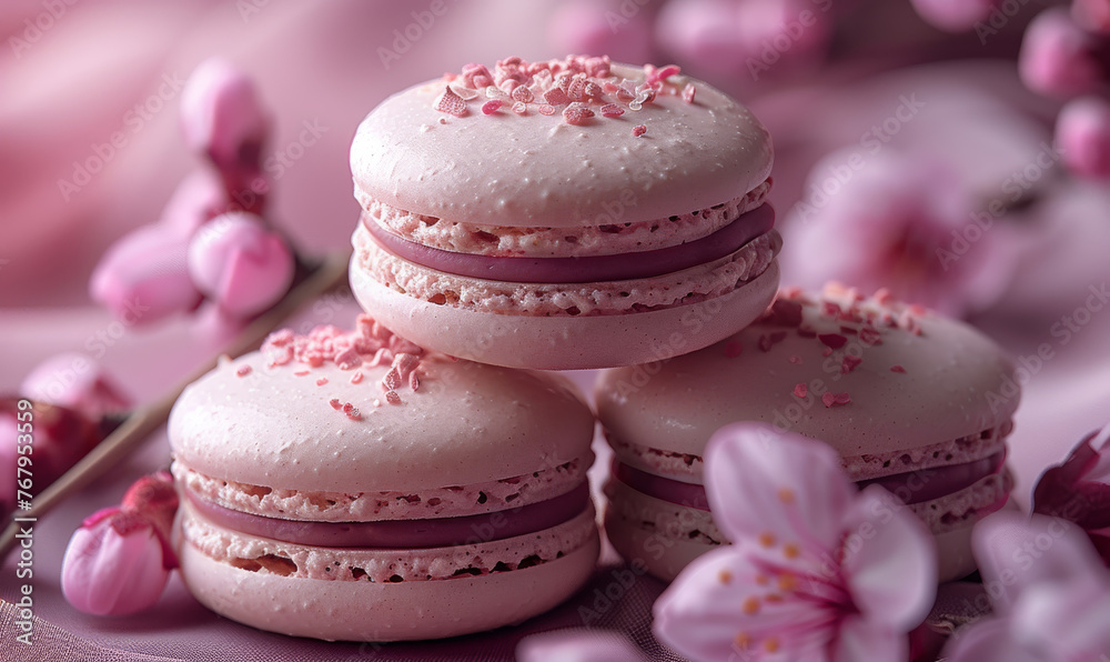 Pink french macarons with almond petals and spring blossom on pink background Pink french macarons with almond petals and spring blossom on pink background