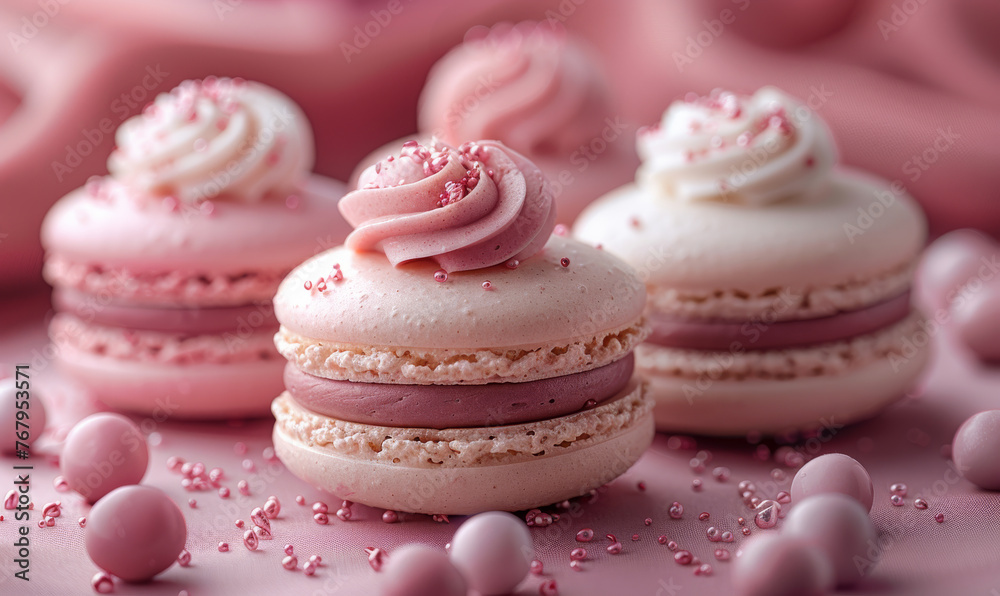 Pink macaroons with meringue on pink background Pink macaroons with meringue on pink background