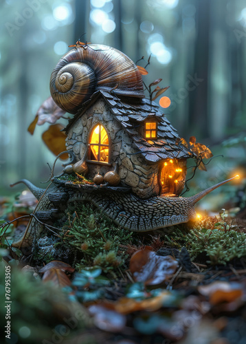 Snail house in the forest. A giant snail carrying a small house on its back