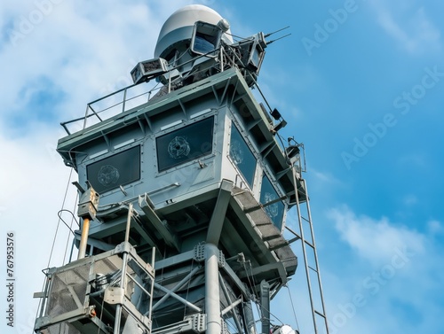 An imposing naval radar tower with communication antennas and electronic equipment overlooking a clear blue sky. photo