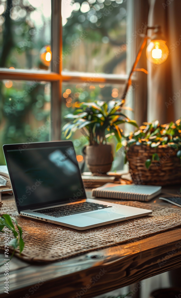 Laptop and notebook on wooden table in cozy home office with window and plants in the background Laptop and notebook on wooden table in cozy home office with window and plants in the background