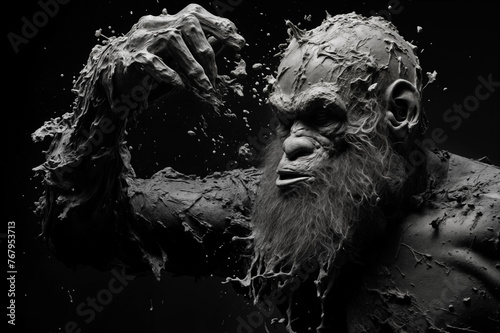 A black and white image of a man completely covered in mud, with mud smeared across his face, clothes and hands