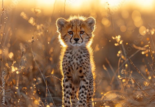 Cheetah cub standing in the grass and looking at camera photo