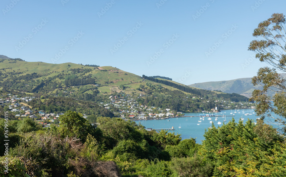 The picturesque town of Akaroa on the scenic Banks Peninsula, southeast of Christchurch, New Zealand.