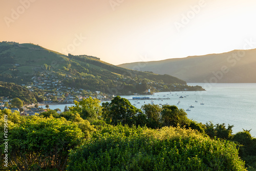 The picturesque town of Akaroa on the scenic Banks Peninsula, southeast of Christchurch, New Zealand. photo