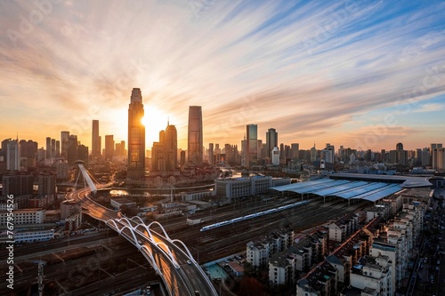 Cityspace of Tianjin with its beautiful skyscrapers during the sunrise in China