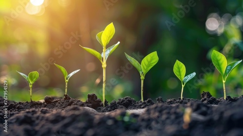 Sequential growth stages of plants in fertile soil with natural green background and sunlight