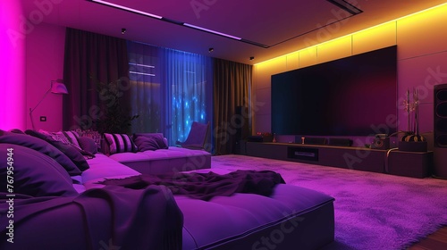 Home cinema living room with colored LED light