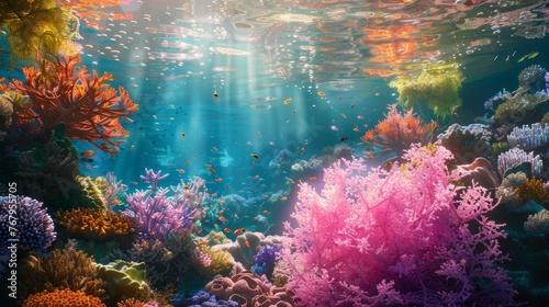 Colorful Underwater Scene With Corals and Seaweed