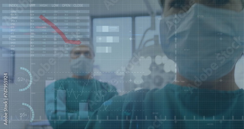 Image of data processing over portrait of male and female surgeon in operation theatre