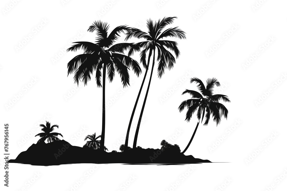 Black and wite silhouettes of tropical pal trees isolated on transparent background png.