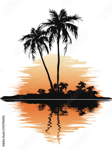 Beautiful panoramic beach with black silhouettes of palm trees on orange sky background. Abstract tropical palm island for banner or travel poster, retro style landscape wallpaper.