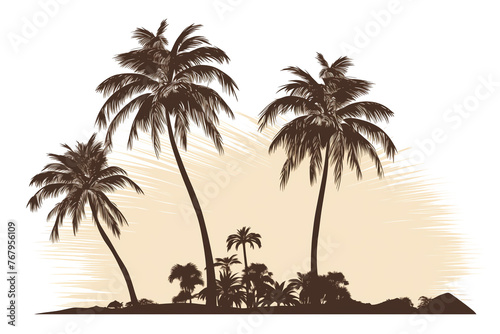 Black and wite silhouettes of tropical pal trees isolated on transparent background png.