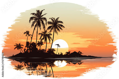 Beautiful panoramic beach with black silhouettes of palm trees on orange sky background. Abstract tropical palm island for banner or travel poster  retro style landscape wallpaper.