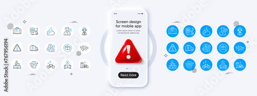 Battery, Online storage and Warning line icons. Phone mockup with 3d danger icon. Pack of Fuel price, Airplane, Hand baggage icon. E-bike, Food delivery, Car charging pictogram. Vector
