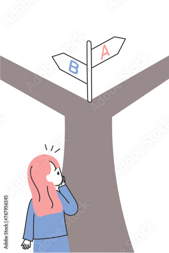 分岐点で立ち止まるスーツの女性のイラスト