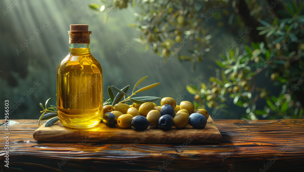 Olive oil and berries are on the wooden table and olive tree background Olive oil and berries are on the wooden table and olive tree background