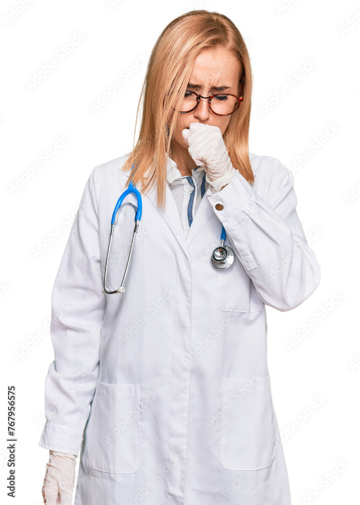 Beautiful caucasian woman wearing doctor uniform and stethoscope feeling unwell and coughing as symptom for cold or bronchitis. health care concept. Beautiful caucasian woman wearing doctor uniform and stethoscope feeling unwell and coughing as symptom for cold or bronchitis. health care concept.