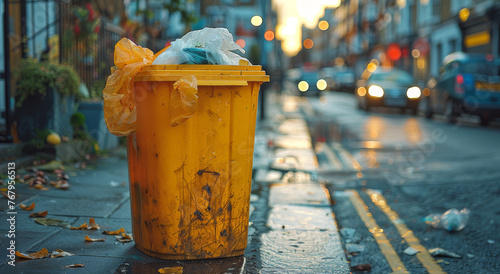 Yellow bin overflowing with rubbish on street