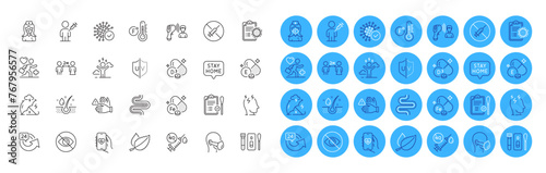 No vaccine, Health app and Cholecalciferol line icons pack. Dont touch, Stay home, Patient web icon. Intestine, Coronavirus report, Not looking pictogram. Nurse, People vaccination, Nasal test. Vector photo