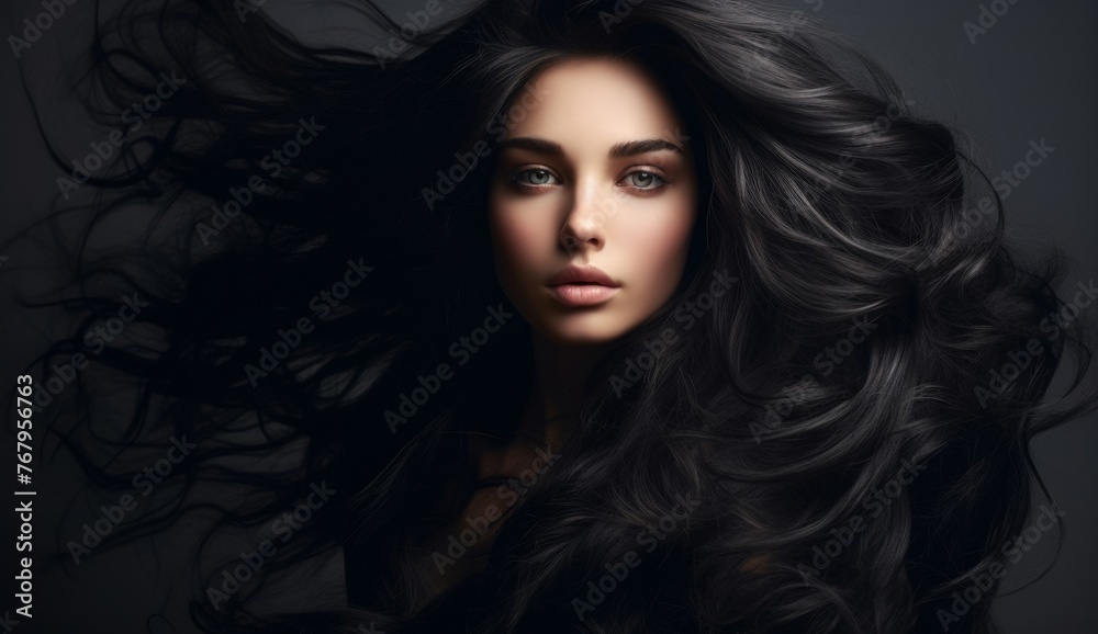 Portrait of elegant stylish young woman with long dark curly healthy shiny hair and makeup on grey banner background. Generative AI. Portrait of elegant stylish young woman with long dark curly healthy shiny hair and makeup on grey banner background. Generative AI.