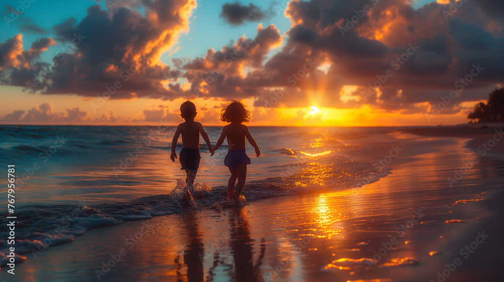 children running toward the water at a beach at dusk.