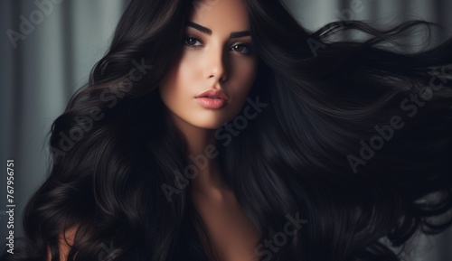 Portrait of elegant stylish young woman with long dark curly healthy shiny hair and makeup on grey banner background. Generative AI.