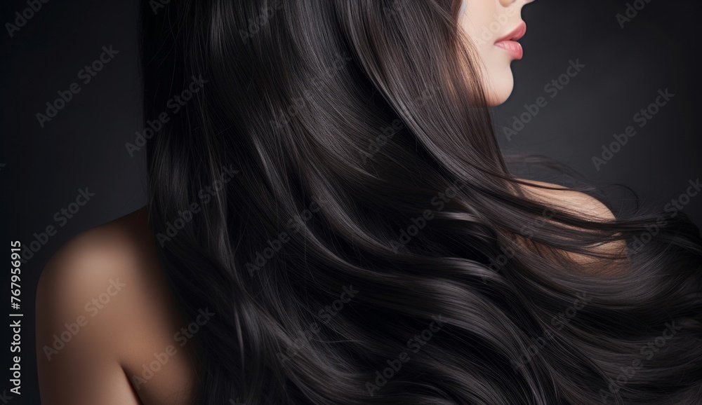Portrait of elegant stylish young woman with long dark curly healthy shiny hair and makeup on grey banner background. Generative AI. Portrait of elegant stylish young woman with long dark curly healthy shiny hair and makeup on grey banner background. Generative AI.