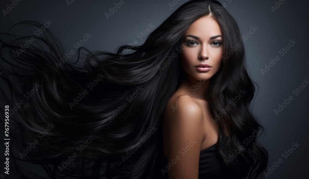 Portrait of elegant stylish young woman with long dark curly healthy shiny hair and makeup on grey banner background. Generative AI. Portrait of elegant stylish young woman with long dark curly healthy shiny hair and makeup on grey banner background. Generative AI.