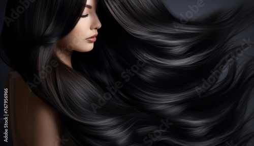 Portrait of elegant stylish young woman with long dark curly healthy shiny hair and makeup on grey banner background. Generative AI.