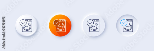 Washing machine line icon. Neumorphic, Orange gradient, 3d pin buttons. Wash laundry sign. Washable cleaner symbol. Line icons. Neumorphic buttons with outline signs. Vector