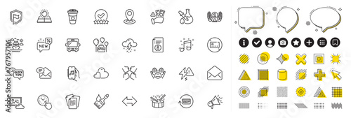 Set of Squad, Quick tips and Lightning bolt line icons for web app. Design elements, Social media icons. Refund commission, Shield, Location icons. Technical info, Ship travel, Mail signs. Vector