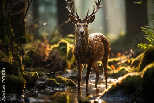 Majestic deer in the forest under the sun.  generative IA