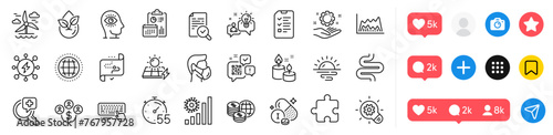 Organic product, Qr code and Windmill line icons pack. Social media icons. Coronavirus statistics, Intestine, Power web icon. Medical analyzes, World money, Puzzle pictogram. Vector