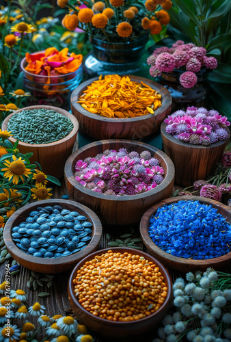 The colorful flowers and herbs used in Ayurveda medicine