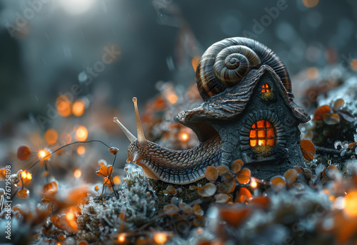 Snail and the house in the garden at night