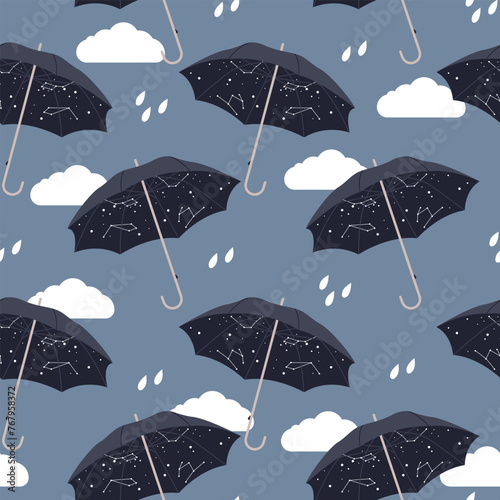 Seamless pattern with umbrellas and stars. Hand drawn umbrella pattern. Cute and colorful vector umbrella seamless pattern for kids clothing and paper products