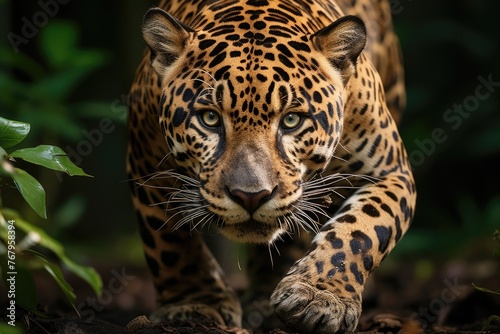 Jaguar on the trail, displaying its presence and strength in the forest., generative IA