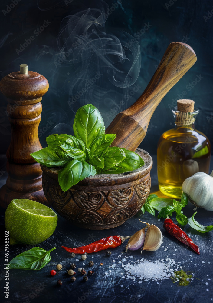 Fresh basil in mortar and pestle with olive oil garlic chili and lime on dark background Fresh basil in mortar and pestle with olive oil garlic chili and lime on dark background