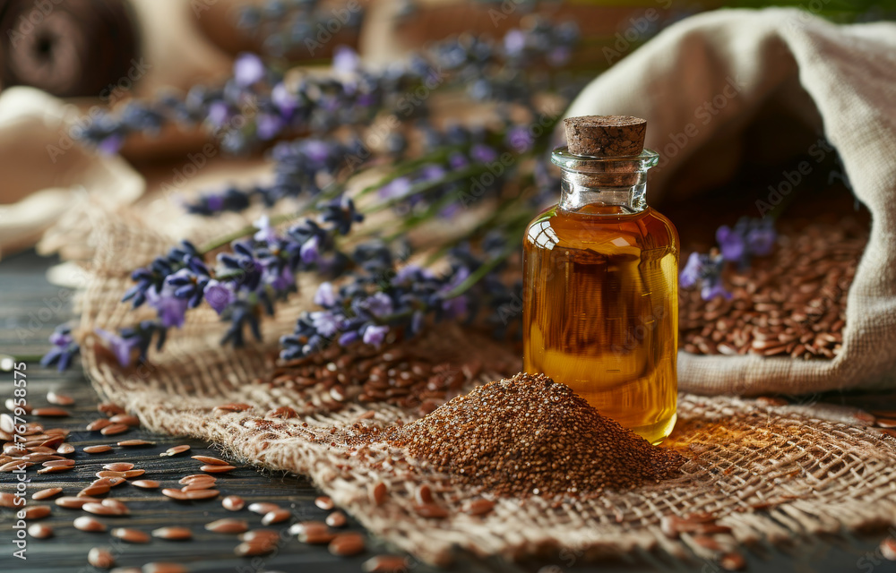 Bottle of essential oil with flax seeds and lavender flowers Bottle of essential oil with flax seeds and lavender flowers