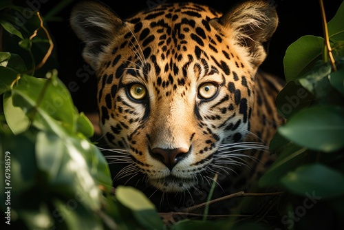 Jaguar to stretch in the tropical rainforest.  generative IA