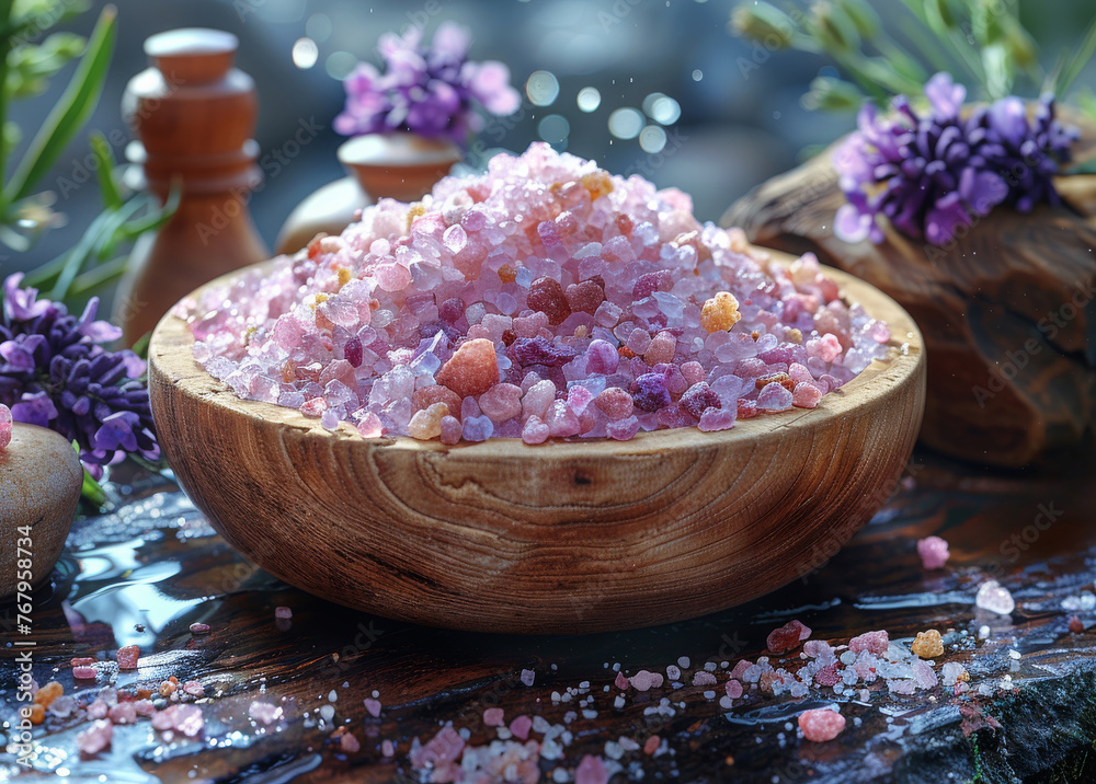 Himalayan pink salt in wooden bowl and lavender flowers on dark table Himalayan pink salt in wooden bowl and lavender flowers on dark table