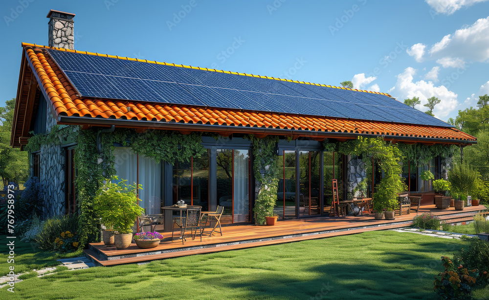 Modern house with solar panels on the roof Modern house with solar panels on the roof